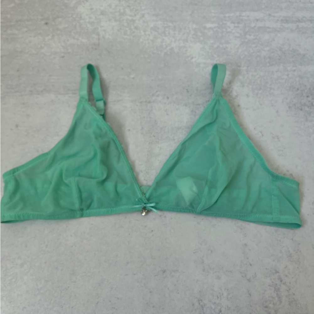 Sheer Mesh Triangle Bra XL Mint Green Bow Charm Coquette Varsbaby Wireless